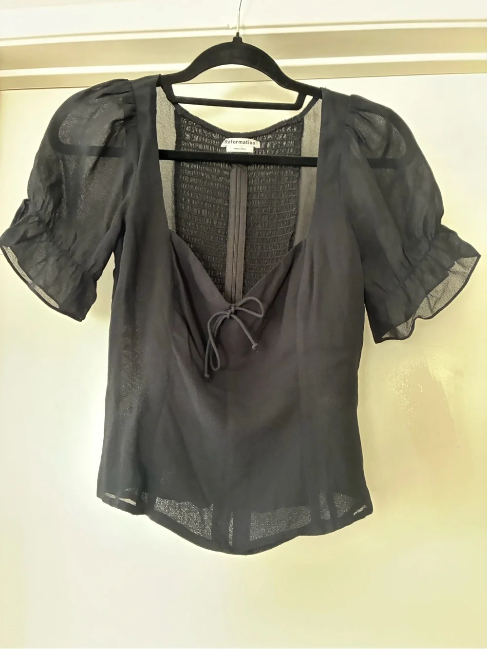 Reformation Black Sheer Puff-Sleeve Tie-Front Blouse